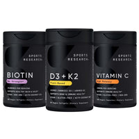 Thumbnail for Sports Research® Body Wellness Pack - Vitamin D3 5000iu K2 100mcg, Vegan Biotin 10,000mcg with Coconut Oil and High Potency Vitamin C Supplement 1000mg