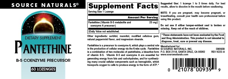 Source Naturals Pantethine B-5 Coenzyme Precursor, 25 mg - 60 Lozenges