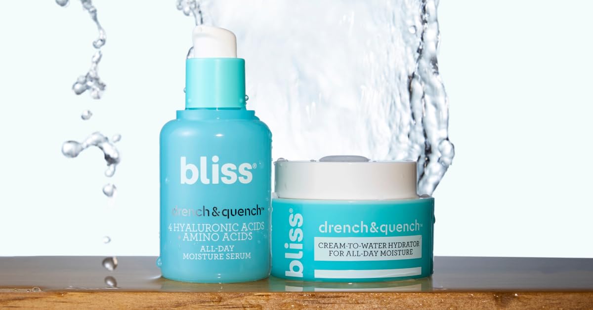 Bliss Hyaluronic Acid Drench & Quench Serum + Moitsturizer– Hydrating Ingredients for Dry, Sensitive Skin - Lightweight Gel Formula for Deep Hydration & Plump Skin - Clean, Cruelty-Free - 1 Fl Oz