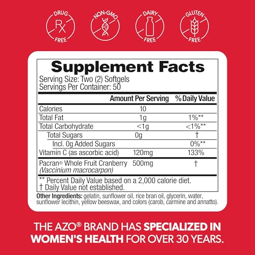 AZO Cranberry Supplement, Made with Concentrated Whole Fruit Cranberry Powder to Help Cleanse and Protect the Urinary Tract*, Sugar Free Cranberry Pills, Non-GMO, 100 Softgels