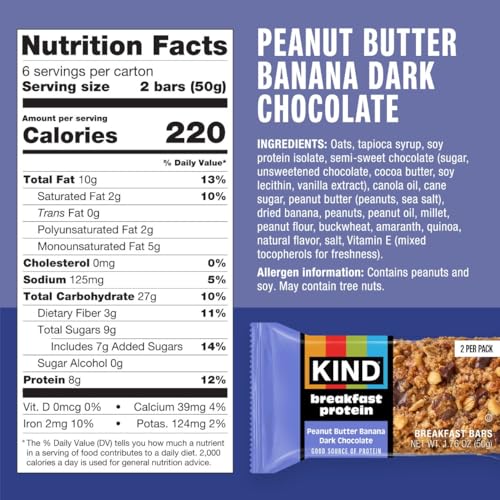 KIND Breakfast Protein Bars, Peanut Butter Banana Dark Chocolate, Gluten Free, Low Sodium, Healthy Snacks, 8g Protein, 6 Count (6 Packs of 2 Bars)