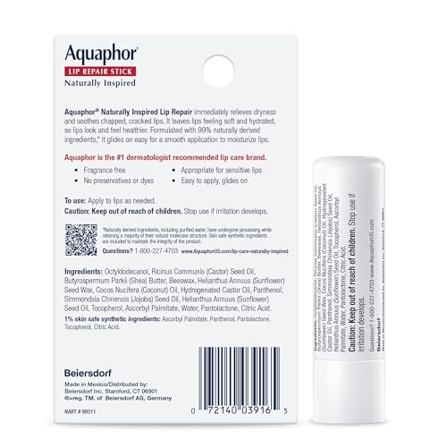Aquaphor Naturally Inspired Lip Repair Stick with Coconut Oil and Natural Shea Butter, Hydrating Lip Balm Stick Immediately Relieves Dryness and Soothes Chapped Lips, 0.17 Oz Stick