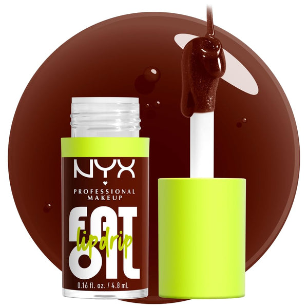NYX PROFESSIONAL MAKEUP Fat Oil Lip Drip, Moisturizing Lip Oil Gloss, Vegan Tinted Formula, Up to 12 HR Hydration - Status Update (Rich Chocolate)