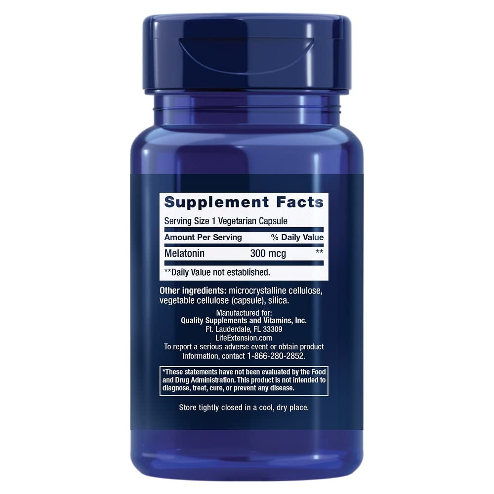 Life Extension Melatonin, 300 mcg, Gentle Sleep Support, Healthy circadian Rhythms, Cellular Defense, Gluten-Free, Non-GMO, Vegetarian, 100 Capsules