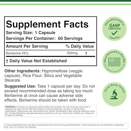Berberine Supplement 500mg, High Purity 97% HCl, 60 Capsules (Third Party Tested, Non-GMO, Gluten Free, Vegan Safe) AMPK Activator - Berberine HCL for Cardiovascular Health by Double Wood