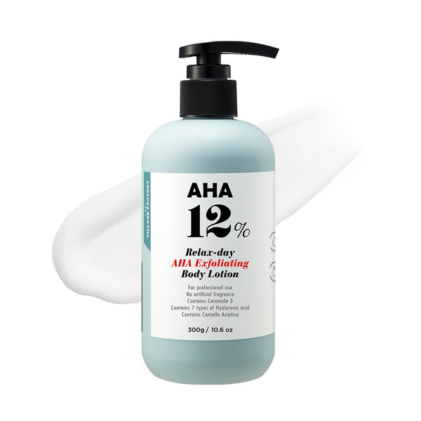 V11FACTORY AHA 12% Glycolic Acid Body Lotion – Korean Exfoliating & Hydrating Body Cream with Hyaluronic Acid & Collagen – Unscented, Paraben-Free Skin Smoothing Moisturizer, 10.6 oz