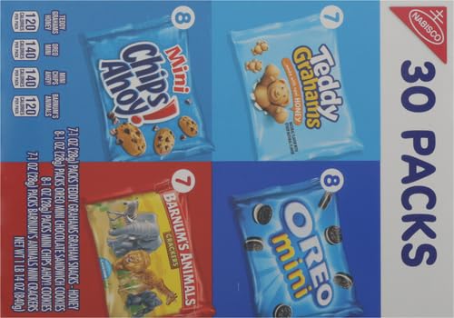 Nabisco Team Favorites Variety Pack, OREO Mini, CHIPS AHOY! Mini, Teddy Grahams Honey & Barnum's Animal Crackers, Christmas Stocking Stuffers, 30 Snack Packs (Pack of 4)