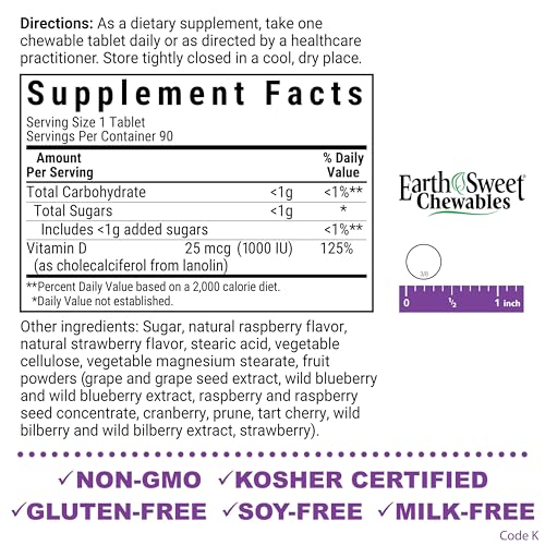Bluebonnet Nutrition EarthSweet Vitamin D3 1000IU - Bone & Immune Support Supplement - Raspberry Chewable Vitamin D Supplement for Women & Men - Soy-Free, Gluten-Free, Non-GMO - 90 Tablets