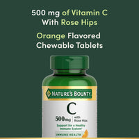 Thumbnail for Nature's Bounty Vitamin C, Support for a Healthy Immune System, 500 mg Vitamin C with Rosehips, 90 Chewable Tablets
