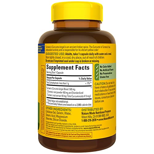 Nature Made Turmeric Curcumin 500 mg, Turmeric Curcumin Supplement for Antioxidant Support, Herbal Supplements, 120 Capsules, 120 Day Supply