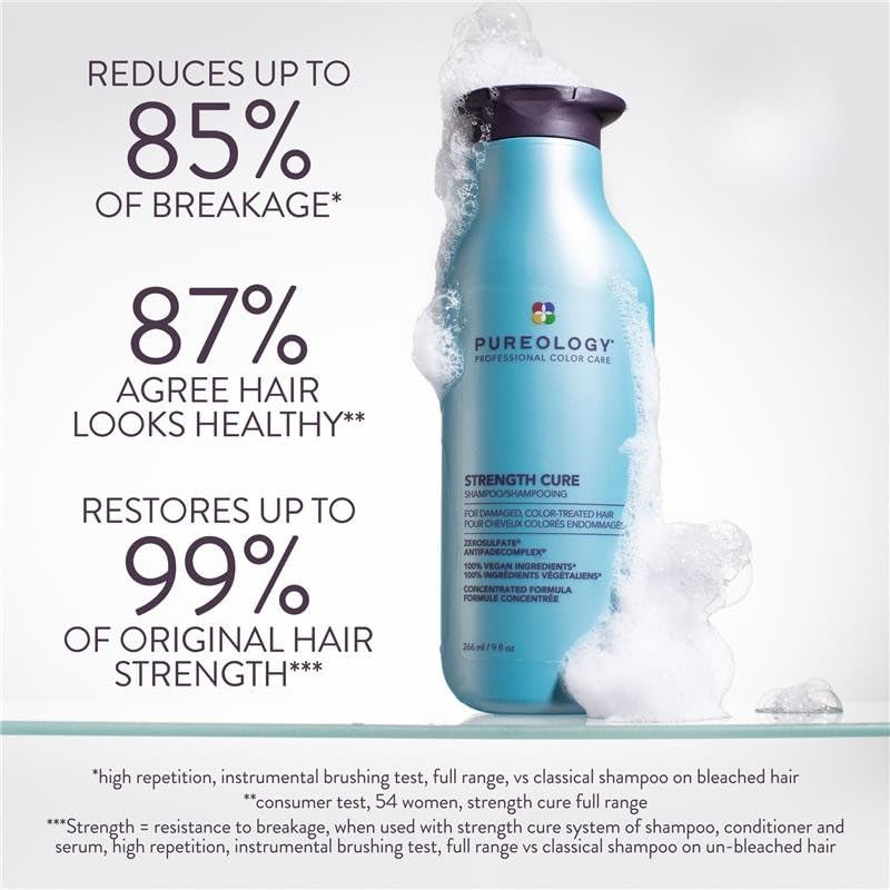 Pureology Strength Cure Shampoo - For Damaged or Color Treated Hair, Hair Strengthening & Prevents Breakage, Seals Split Ends, Vegan & Sulfate-Free, 9 Fl Oz