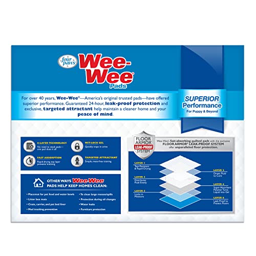 Four Paws Wee-Wee Superior Performance Unscented Pee Pads for Dogs & Puppies, Quilted Leak-Proof Dog Housebreaking Potty Training Floor Protection, 22" x 23", 30 Count