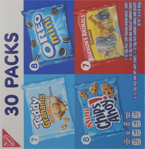 Nabisco Team Favorites Variety Pack, OREO Mini, CHIPS AHOY! Mini, Teddy Grahams Honey & Barnum's Animal Crackers, Christmas Stocking Stuffers, 30 Snack Packs (Pack of 4)