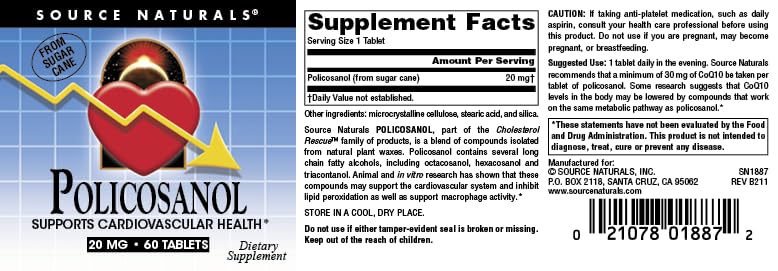 Source Naturals Policosanol, Support for Cardiovascular Health*, 20 mg - 60 Tablets
