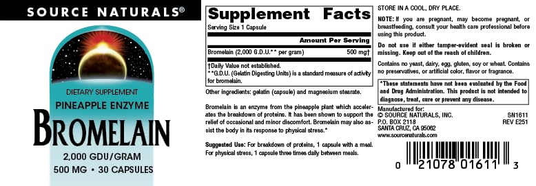 Source Naturals Pineapple Enzyme Bromelain - 2,000 GDU/GRAM - 500mg - 30 Capsules