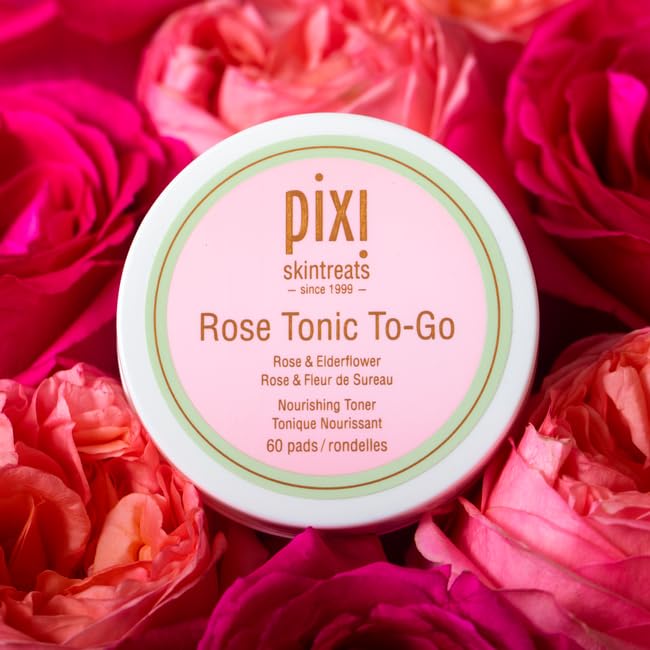 Pixi Rose Tonic to-Go, Nourishing Rose Flower Water, Toning & Moisturizing, Alcohol-Free Daily Hydrating Toner Pads On The Go, 60 Pads