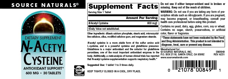 Source Naturals N-Acetyl Cysteine Antioxidant Support 600 mg Dietary Supplement That Supports Respiratory Health* - 30 Tablets