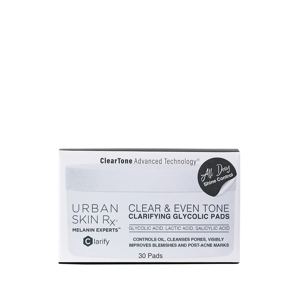 Urban Skin Rx® Clear & Even Tone Clarifying Glycolic Pads, Exfoliates, Controls Oil & Shine, Clears Large Clogged Pores, Visibly Improves Blemishes & Post-Acne Marks, Fades Hyperpigmentation, 30 Ct
