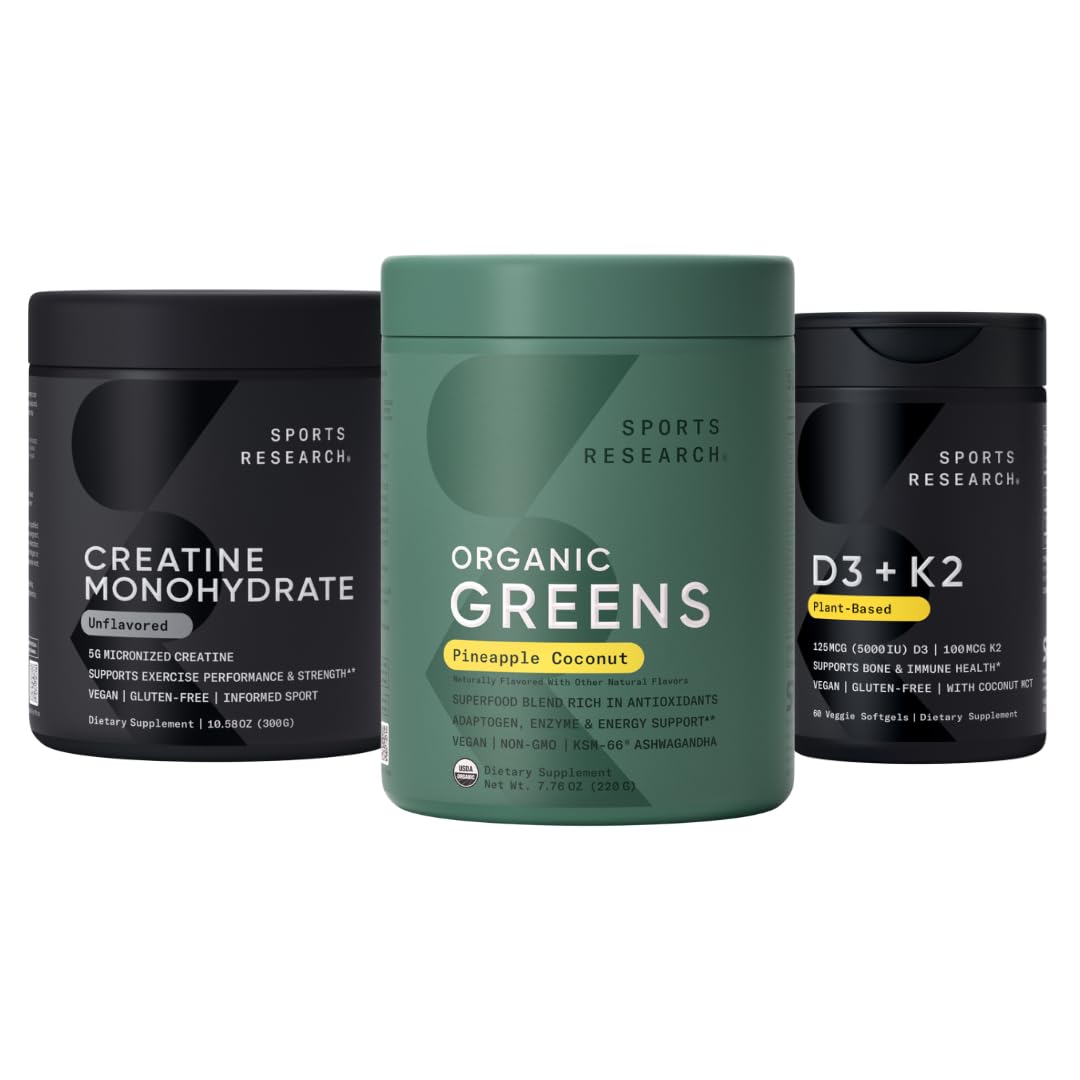 Sports Research® Organic Pineapple Coconut Greens, Creatine Monohydrate & Vitamin D3 5000iu + Vitamin K2 100mg