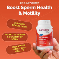 Thumbnail for CONCEIVE PLUS Motility Boost for Men - Sperm Count Booster with Vitamin D, Vitamin E, Zinc, Spermidine, Antioxidants - Sperm Count, Sperm Motility - Multivitamin Supplement for Men Sperm - 60 Caps