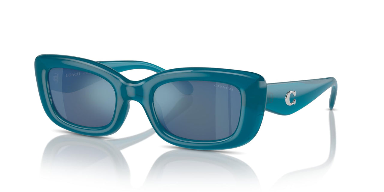 COACH Women's HC8390U Sculpted C Hardware Universal Fit Rectangular Sunglasses, Milky Ocean Blue/Blue Mirrored, 51 mm