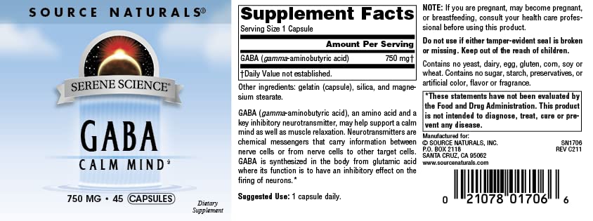 Source Naturals Serene Science GABA, for a Calm Mind, 750mg - 45 Capsules