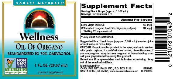 Source Naturals Wellness Oil of Oregano, Standardized to 70% Carvacrol* - 1 Fluid oz