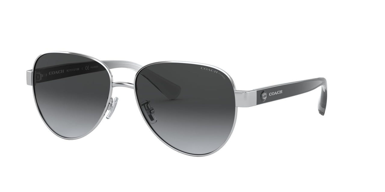Coach HC7111 Sunglasses, Silver/Dark Grey Gradient Polarized, 57 mm