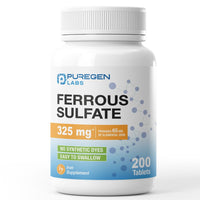 Thumbnail for Puregen Labs Ferrous Sulfate 325 mg (65 mg Elemental Iron) High Potency Iron Supplement | No Artificial Color Additives - 200 Tablets