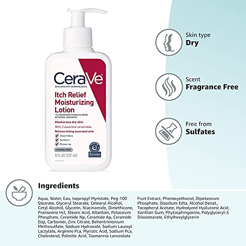 CeraVe Anti Itch Moisturizing Lotion with Pramoxine Hydrochloride, Relieves Itch with Minor Skin Irritations, Sunburn Relief, Bug Bites, 8 Ounce