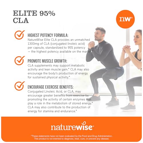 NatureWise CLA 1300 - 95% Active Conjugated Linoleic Acid for Women and Men, Not Stimulating, Supports Weight & Fitness Goals - Non-GMO, Gluten Free - 180 Softgels[2-Month Supply]