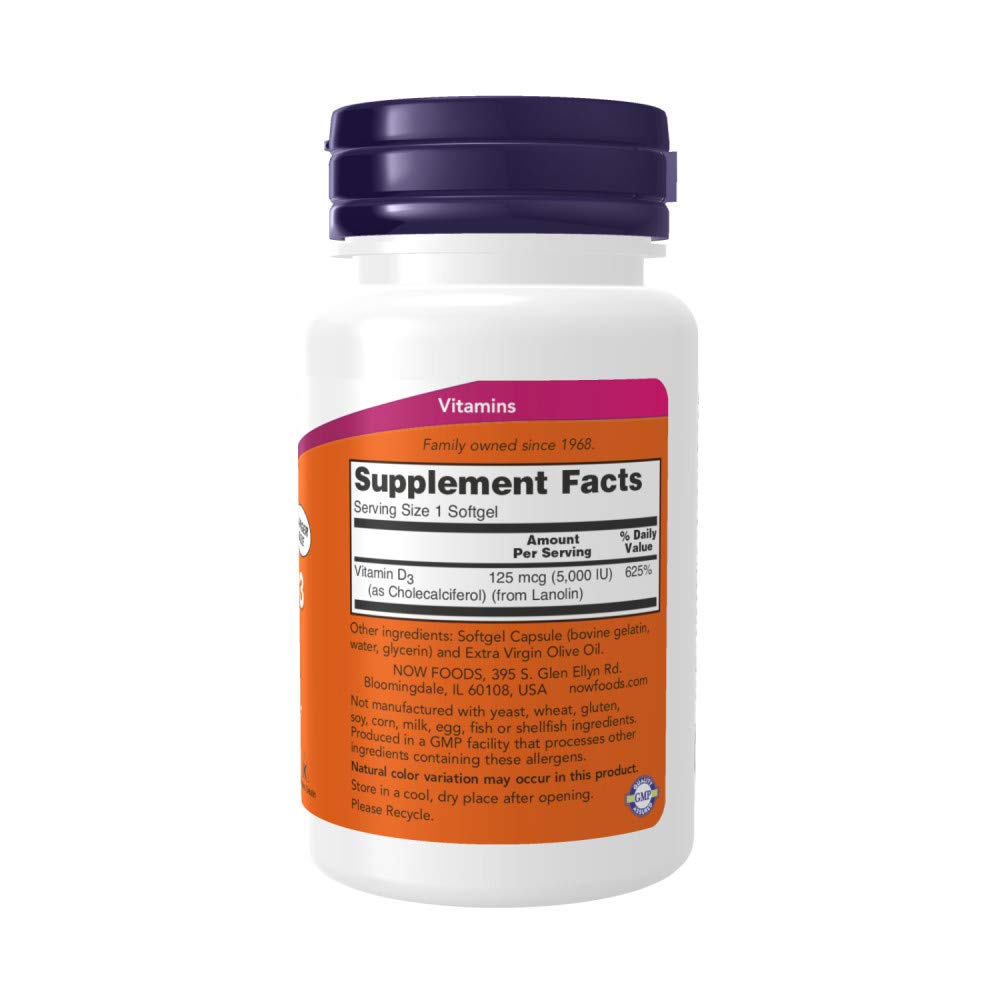 Now Foods Vitamin D3 5,000 IU, 240 softgels (Pack of 2)