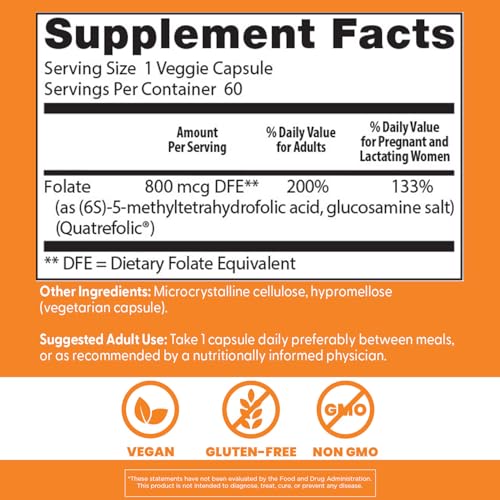 Doctors Best Fully Active Folate 800 with Quatrefolic, Supports Fetal Health, Non-GMO, Gluten Free, Vegan 60 Veggie Caps