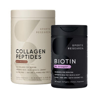 Thumbnail for Sports Research® Hair Essentials Pack - Dark Chocolate Collagen Powder Protein Supplement (40 Servings) and Biotin (Vitamin B7) 10,000mcg with Organic Coconut Oil (120 Softgels)