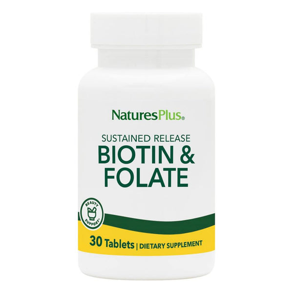 NaturesPlus Biotin & Folic Acid (Folate) - 30 Sustained Release Tablets - Vitamin B Complex for Energy, Beauty, Metabolism & Immune Health - Supports Healthy Skin, Nails & Hair - 30 Servings