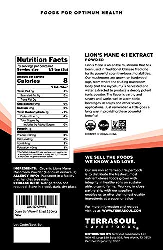 Terrasoul Superfoods Organic Lion's Mane Mushroom Powder (4:1 Extract), 22 Ounces