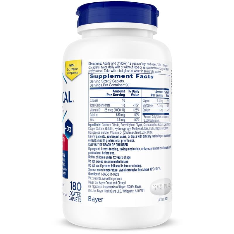 Citracal Maximum Plus Calcium Supplement - Calcium Citrate with Vitamin D3, Zinc, & Essential Minerals for Bone Health Support, Ages 12+, 180 Count (Packaging May Vary)
