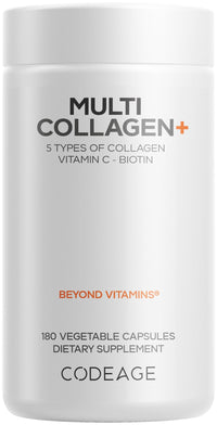 Thumbnail for Codeage Multi Collagen+ Supplement with Vitamin C, Biotin 5000 mcg, Hyaluronic Acid, Amla Berry, BioPerine - 5 Types of Collagen Grass-Fed, Pasture-Raised - 2-Month Supply - Non-GMO - 180 Capsules