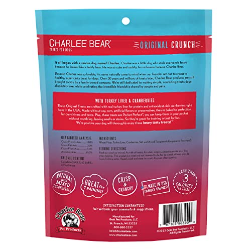 Charlee Bear Original Crunch Dog Treats, Turkey Liver and Cranberries, 16 Ounce Resealable Bag, Low Calorie Training Treats for Dogs, Limited Ingredient, Healthy, Crunchy Dog Snacks, Made in USA