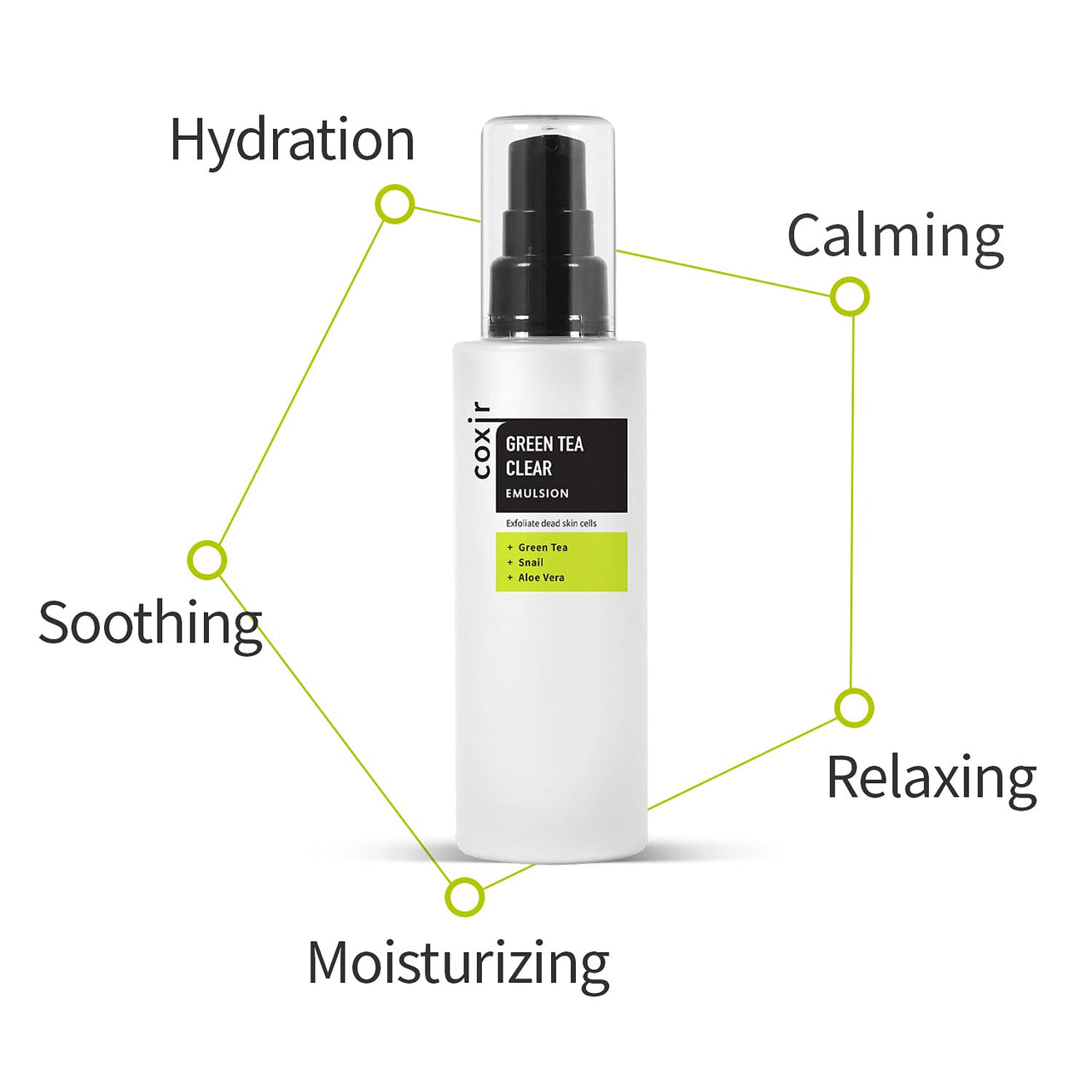 coxir GREENTEA CLEAR EMULSION for calming and hydrates skin l Paraben Free, Cruelty Free, Korean Skin Care [100ml/3.38 fl.oz]