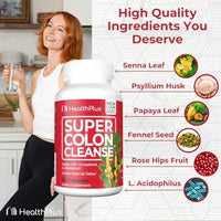 Thumbnail for Health Plus Super Colon Cleanse 30 Day Supply of Gentle Gut Cleanse Detox, Psyllium Husk, Probiotics for Constipation Relief & Digestive Support, 120 Capsules