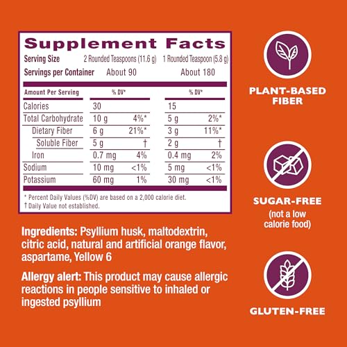 Metamucil 4-in-1 Psyllium Husk Fiber Supplement, Sugar-Free, 180 teaspoons, Orange Flavored, Daily Fiber Powder for Digestive Health, made with Plant-Based Psyllium Husk Fiber