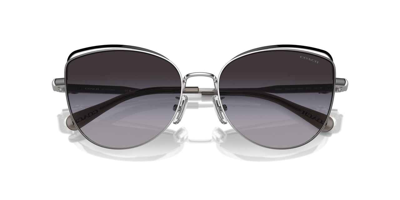 COACH Women's HC7162 Cat Eye Sunglasses, Shiny Silver/Black/Grey Gradient, 57 mm