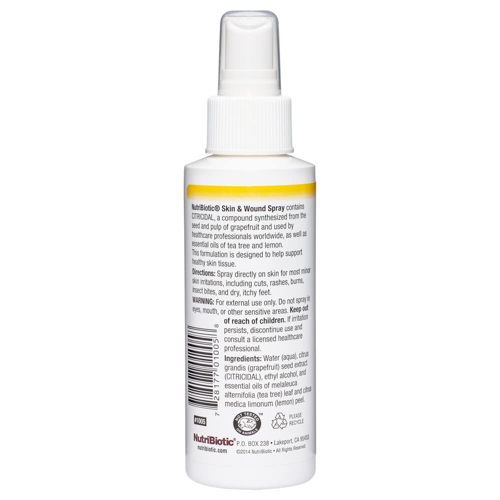 NutriBiotic Skin & Wound Spray with GSE, 4 Fl Oz | Grapefruit Seed Extract Plus Tea Tree & Lemon Essential Oils | Helps Support Healthy Skin Tissue & Flush Irritants from Minor Wounds | Non-Medicated