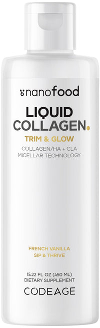 Thumbnail for Codeage Liquid Collagen Supplement Vanilla Flavor, Beauty Trim & Glow Liposomal Collagen Peptides, CLA Conjugated Linoleic Acid, Hyaluronic Acid, Vitamin E, Hydrolyzed, Non-GMO, 15.22 fl oz