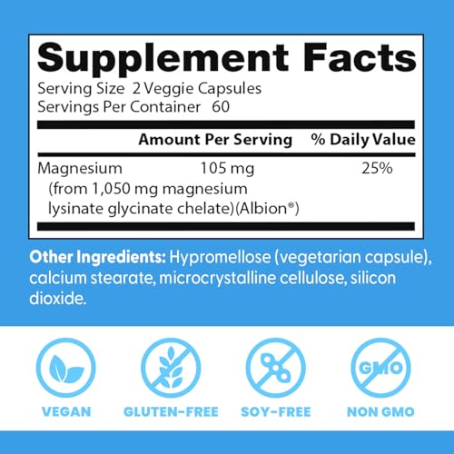 Doctor's Best High Absorption Magnesium Glycinate Lysinate Supplement for Sleep Support - Chelated Magnesium Capsules for Women & Men, 105 mg per Serving, Calm Support, Vegan - 120 Veg Caps