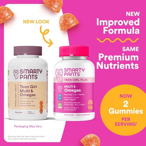 SmartyPants Teen Girl Multivitamin Gummies, Omega 3 (DHA/EPA), Vitamin C, D3, B12, Vitamin A, K & Zinc, Biotin to Support Hair, Skin & Nails, Gluten Free, 60 Count (30 Day Supply)