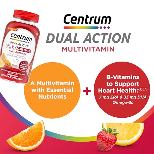 Centrum MultiGummies Multi+ Omega 3 Dual Action, Adult Multivitamin, Multivitamin/Multimineral/Omega 3 Supplement, Strawberry/Lemon/Orange Flavors - 110 Count