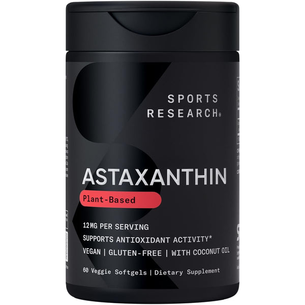 Sports Research Vegan Icelandic Astaxanthin 12mg with Organic Coconut Oil | Vegan Certified & Non-GMO Project Verified Dietary Supplement - 60 Veggie Softgels (2 Month Supply)
