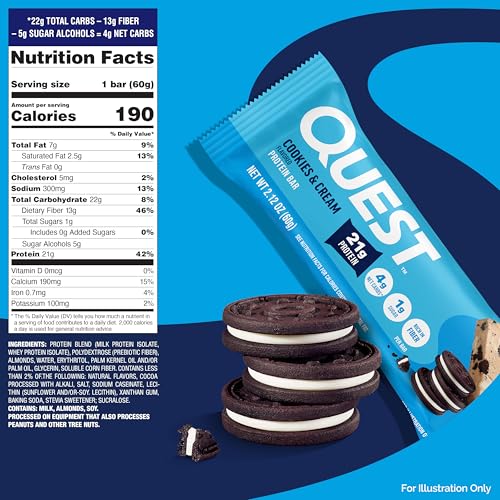 Quest Nutrition Cookies & Cream Protein Bars, 21g Protein, 4g Net Carbs, 1g Sugar, High Fiber, Gluten Free, Keto Friendly, 4 Count